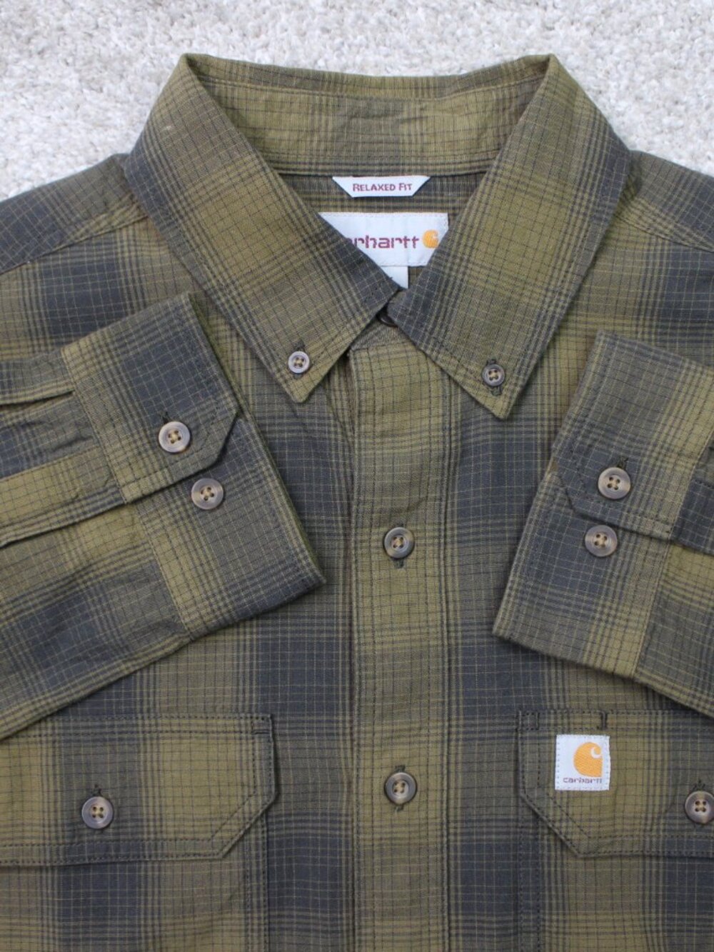 Carhartt Shirt Mens Medium Green Relaxed Fit Fort Plaid Cotton Long Sleeve Work
